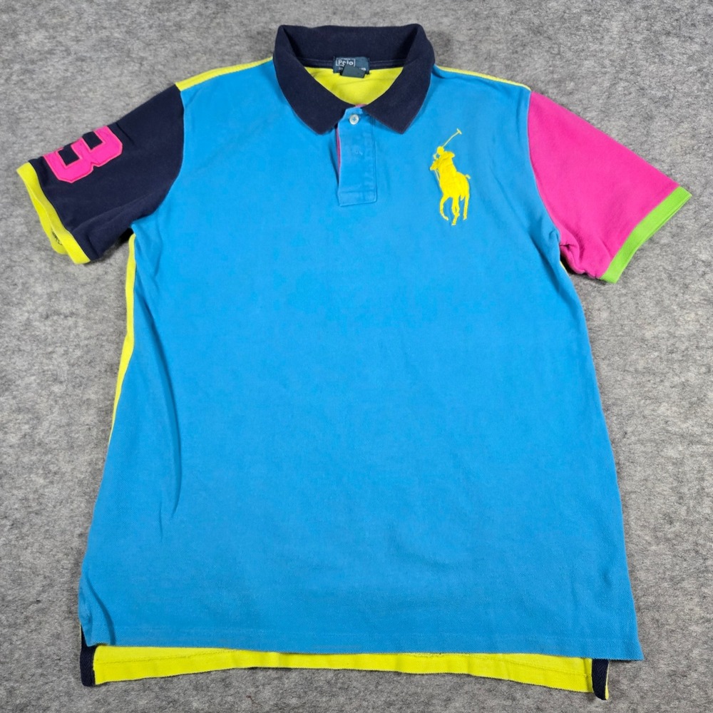 Polo Ralph Lauren Boys Blue Colorblock Pony Logo Short Sleeve Polo Shirt XL